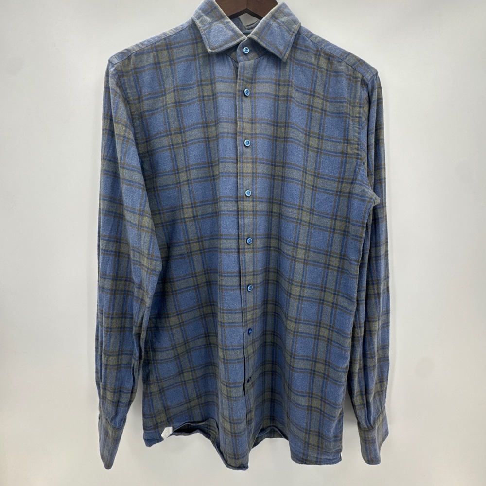 Emanuel Berg Superfine Shirting Dress Shirt Mens‎ 15.5 Blue Plaid Modern Fit